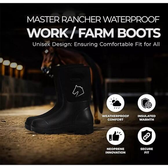 Master Rancher Heavy Duty Work Farm Boots Unisex Men's 9 Women's 11, Black - Picture 4 of 8